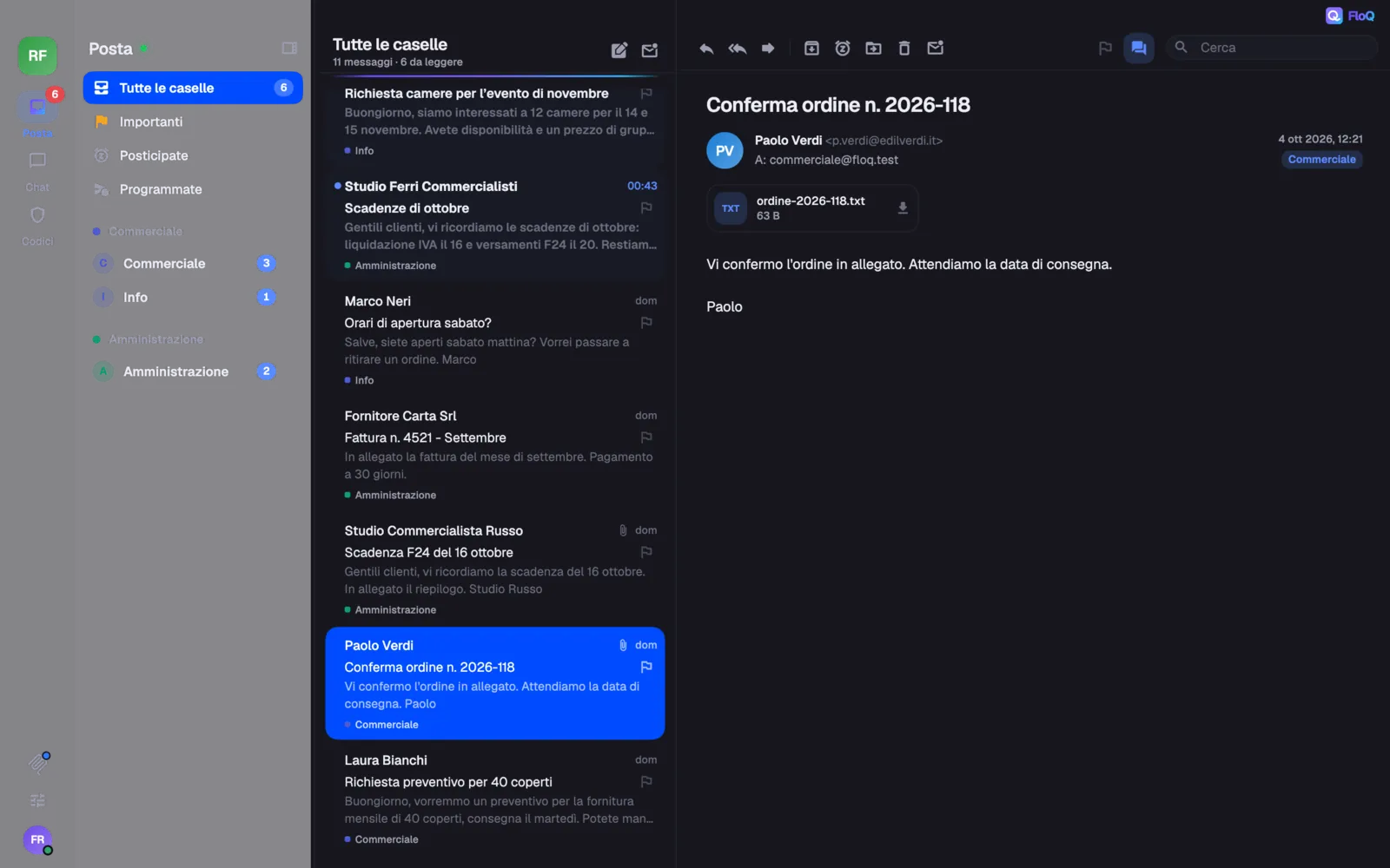 FloQ su Mac: tutte le caselle del team in un elenco, una conferma d’ordine aperta