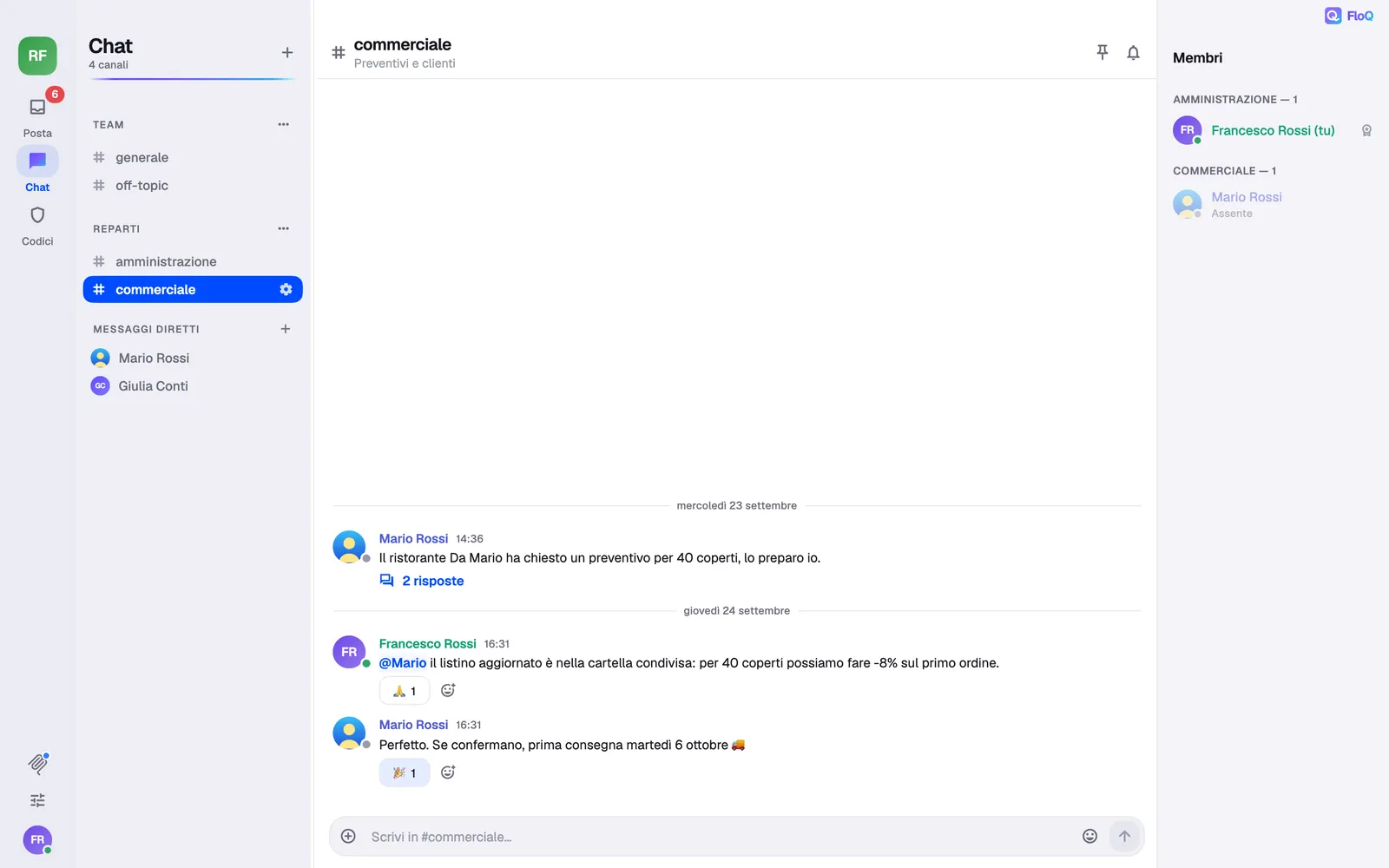 FloQ su Mac: un canale con l’elenco del team e lo stato di ognuno sulla destra