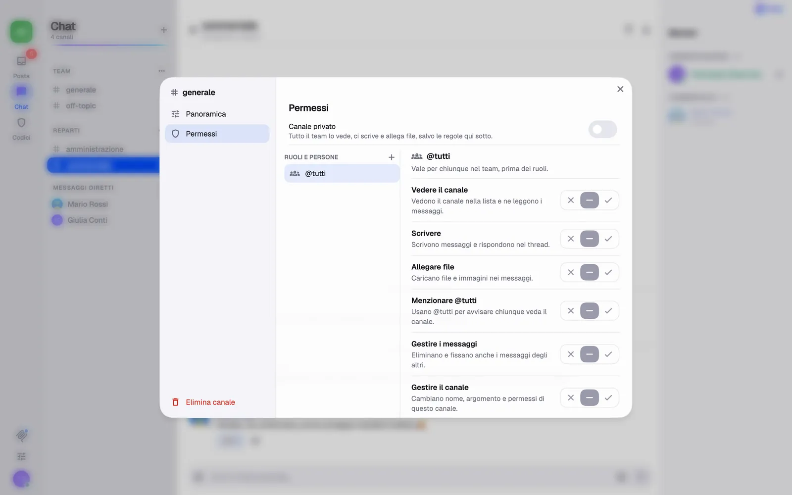 FloQ su Mac: chi vede e chi scrive in un canale, per ruolo e per persona