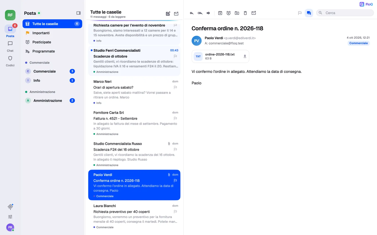 FloQ su Mac: tutte le caselle del team in un elenco, una conferma d’ordine aperta